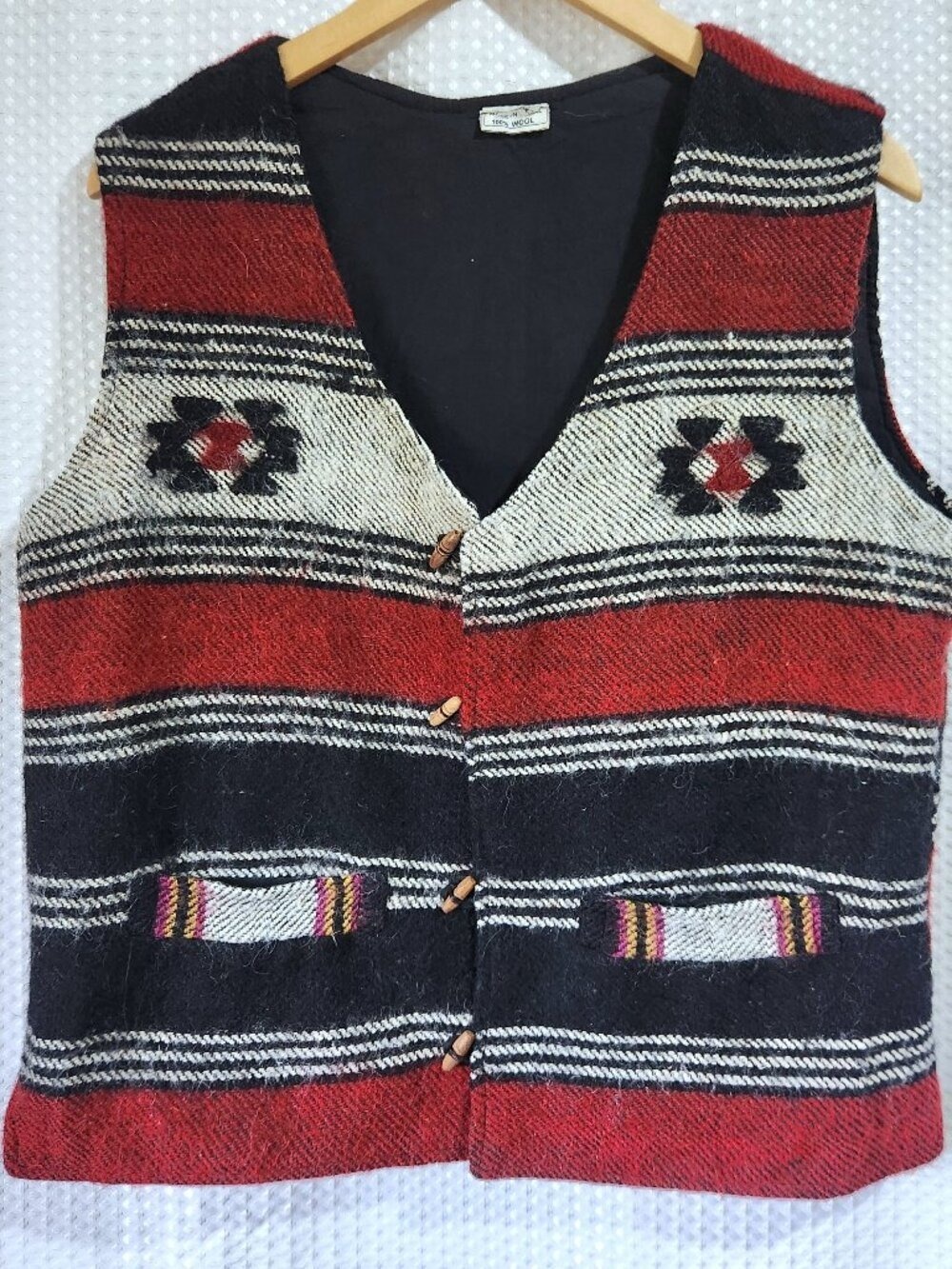Vintage Wool Vest Nepal Toggle Knit Southwestern Aztec Boho Winter Sweater Shrug